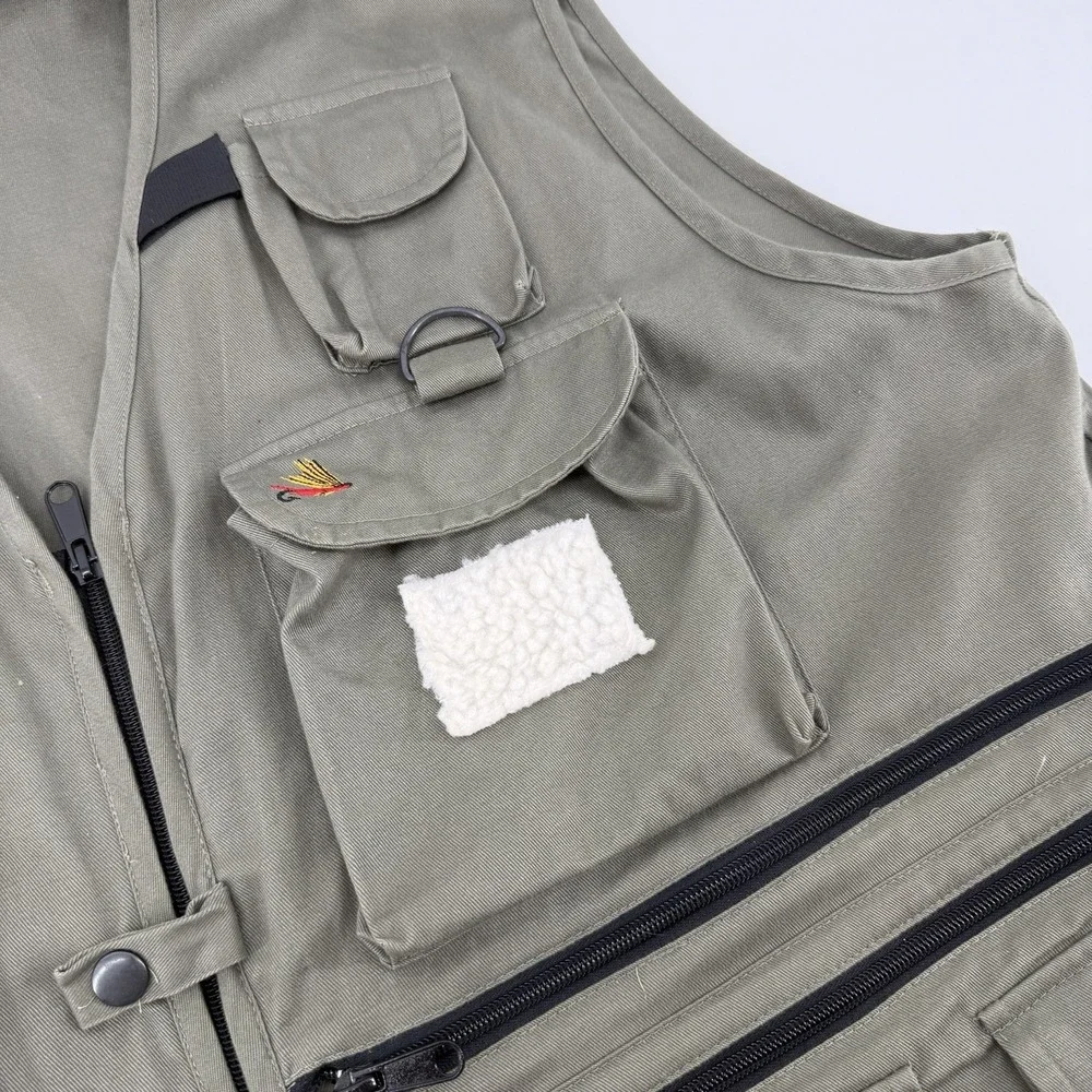 Vintage Fly Fishing Vest XL Olive Green Multi Pocket Utility Back D-Ring Cargo